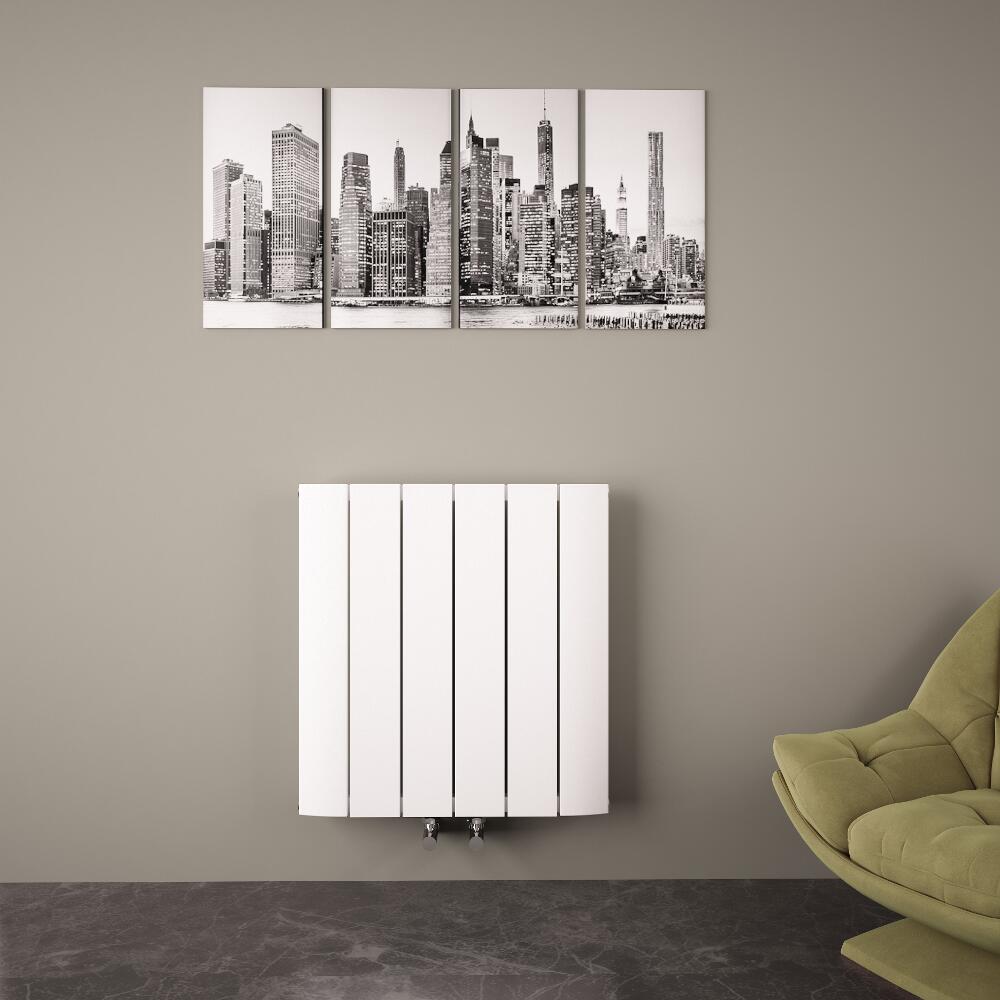 Design Heizkörper Horizontal Einlagig Mittelanschluss - Aluminium Weiß 600mm x 565mm 768W - Aurora