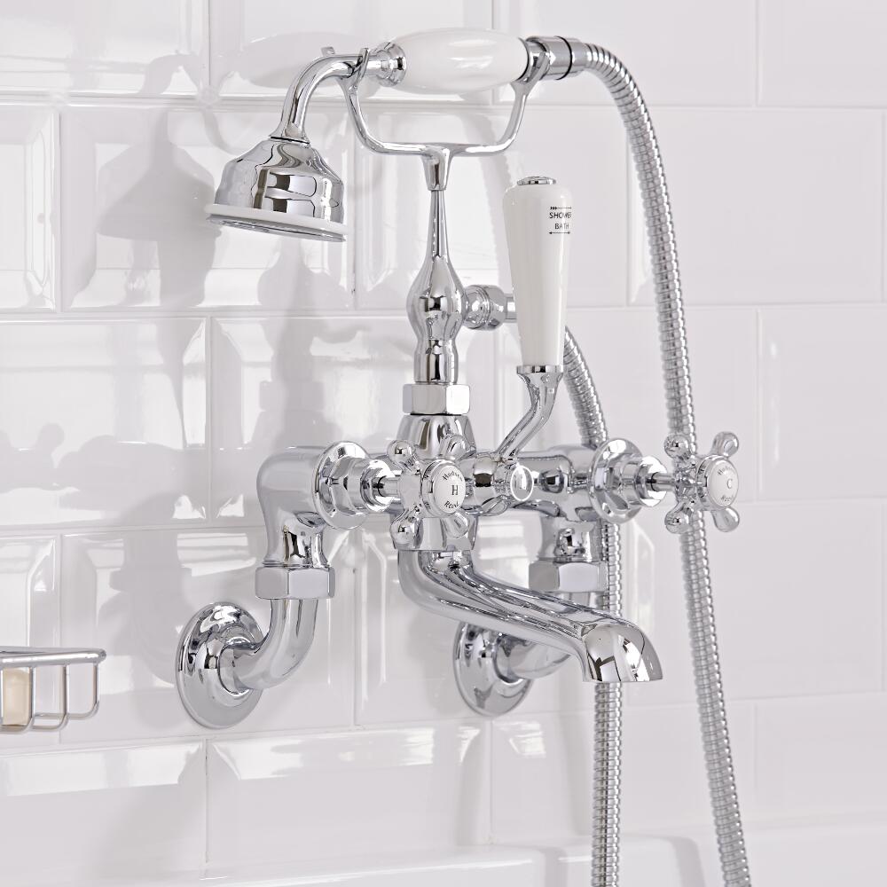 Badewannenarmatur Nostalgie mit weißen Keramikkreuzgriffen Wandmontage - Topaz