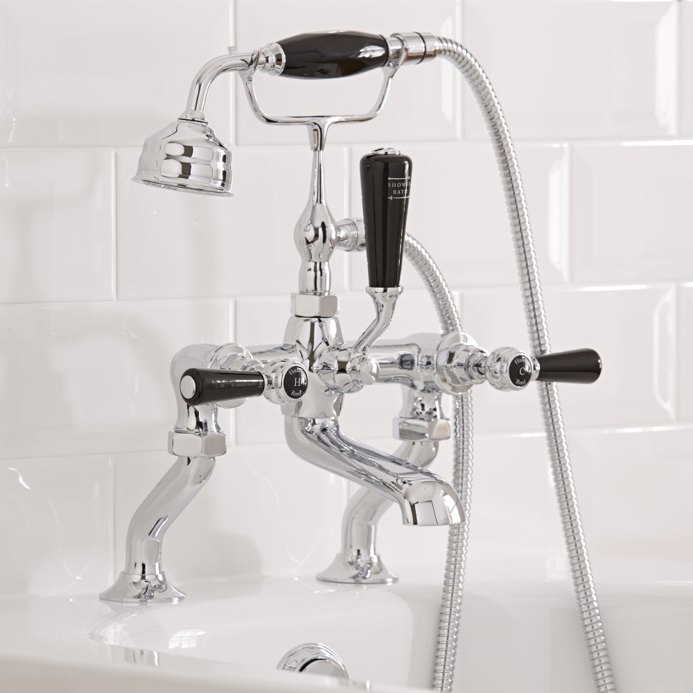 Badewannenarmatur Nostalgie mit Handbrause, Hebelgriffen und schwarzen Elementen - Topaz