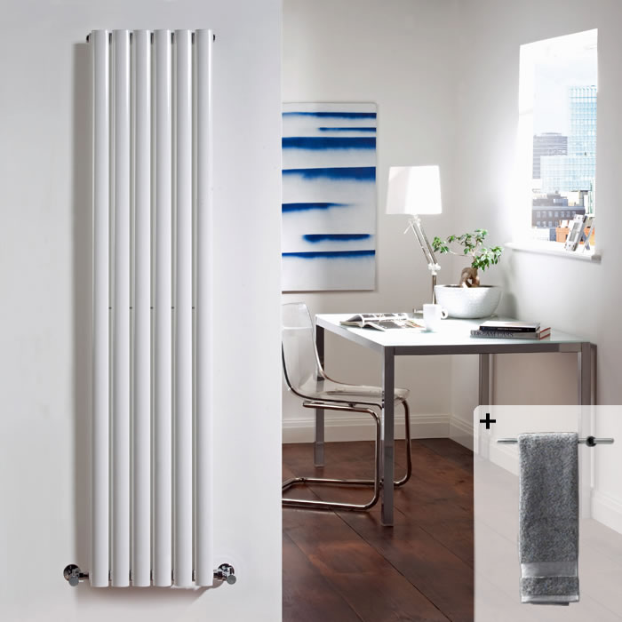 Design Heizkörper Vertikal Einlagig Weiß 1600mm x 354mm 841W Inkl. Handtuchstange - Revive