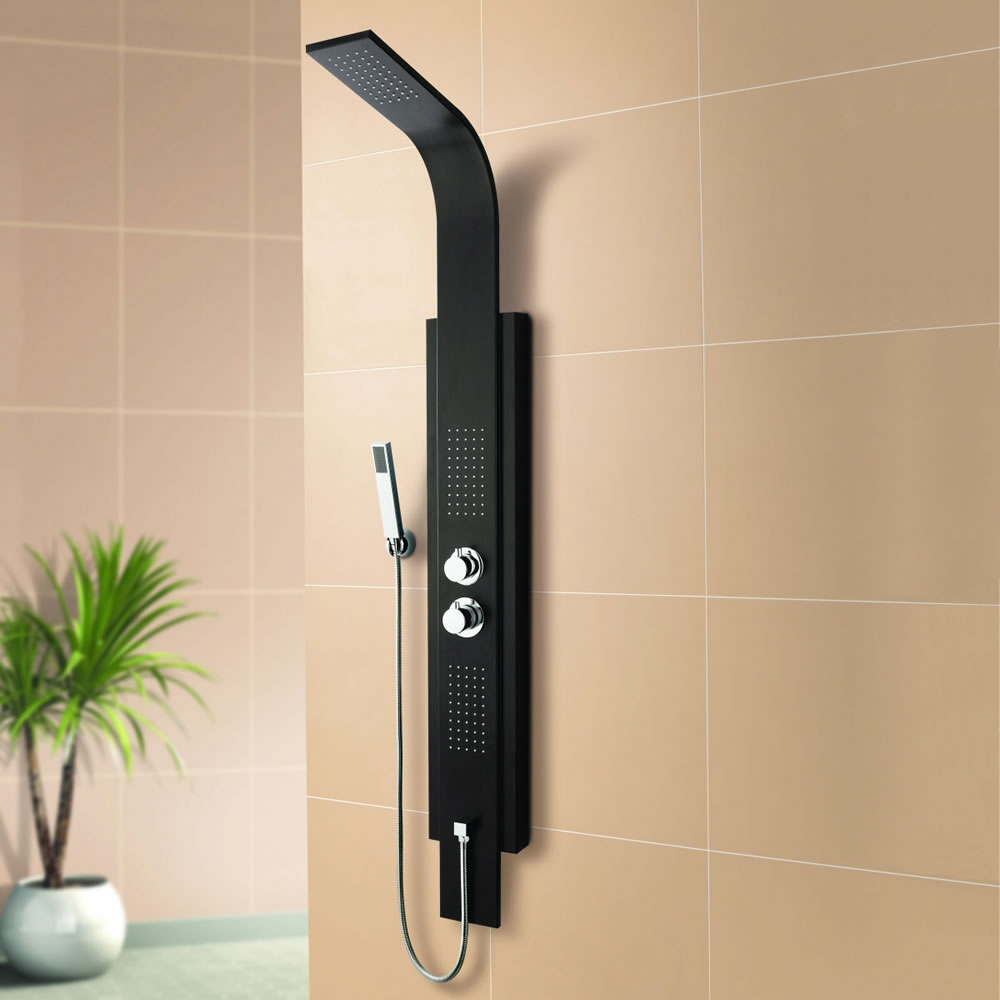 Duschpaneel Agate Thermostatisch Schwarz mit Massagedüsen und Handbrause