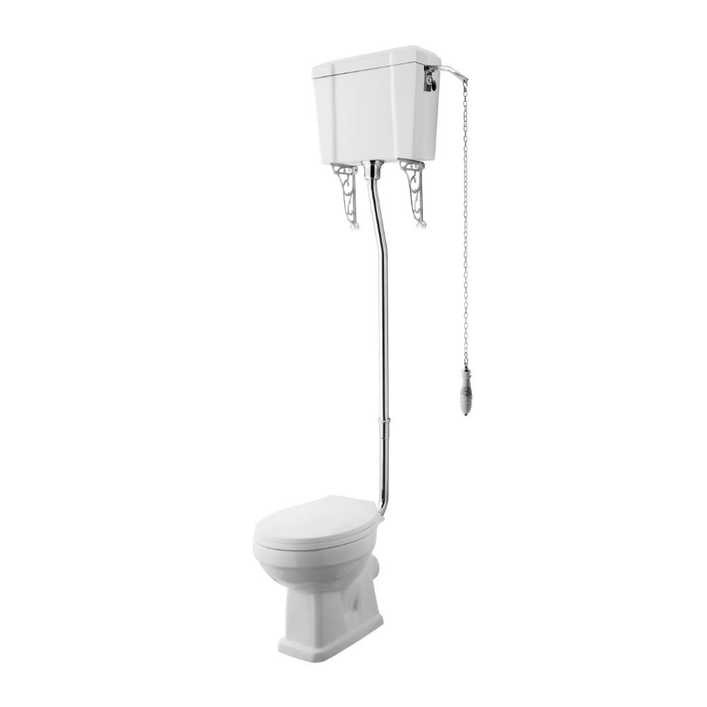 Klassiktoilette mit hochem Spülkasten, Holzsitz Weiß - Carlton