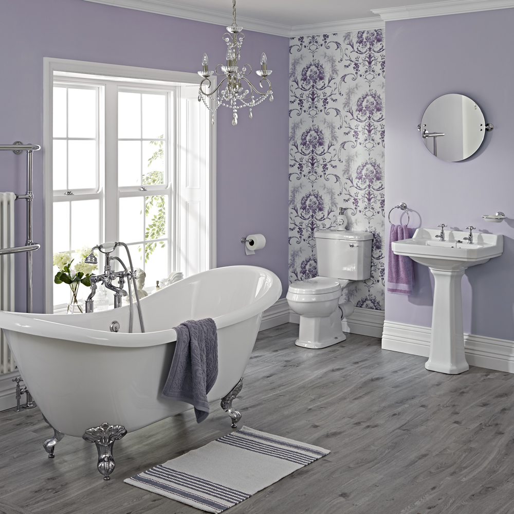Traditionelle Badausstattung Carlton mit Toilette, Waschbecken & Badewanne - Greiffüße Chrom - ohne Armaturen & Ablaufgarnitur