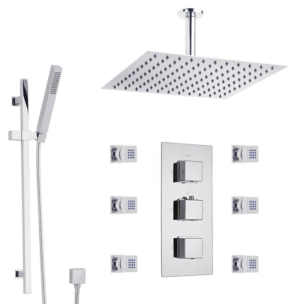 Duschsystem Kubix inkl Kopfbrause, Handbrause mit Stange, Seitenbrausen & Thermostat Duscharmatur