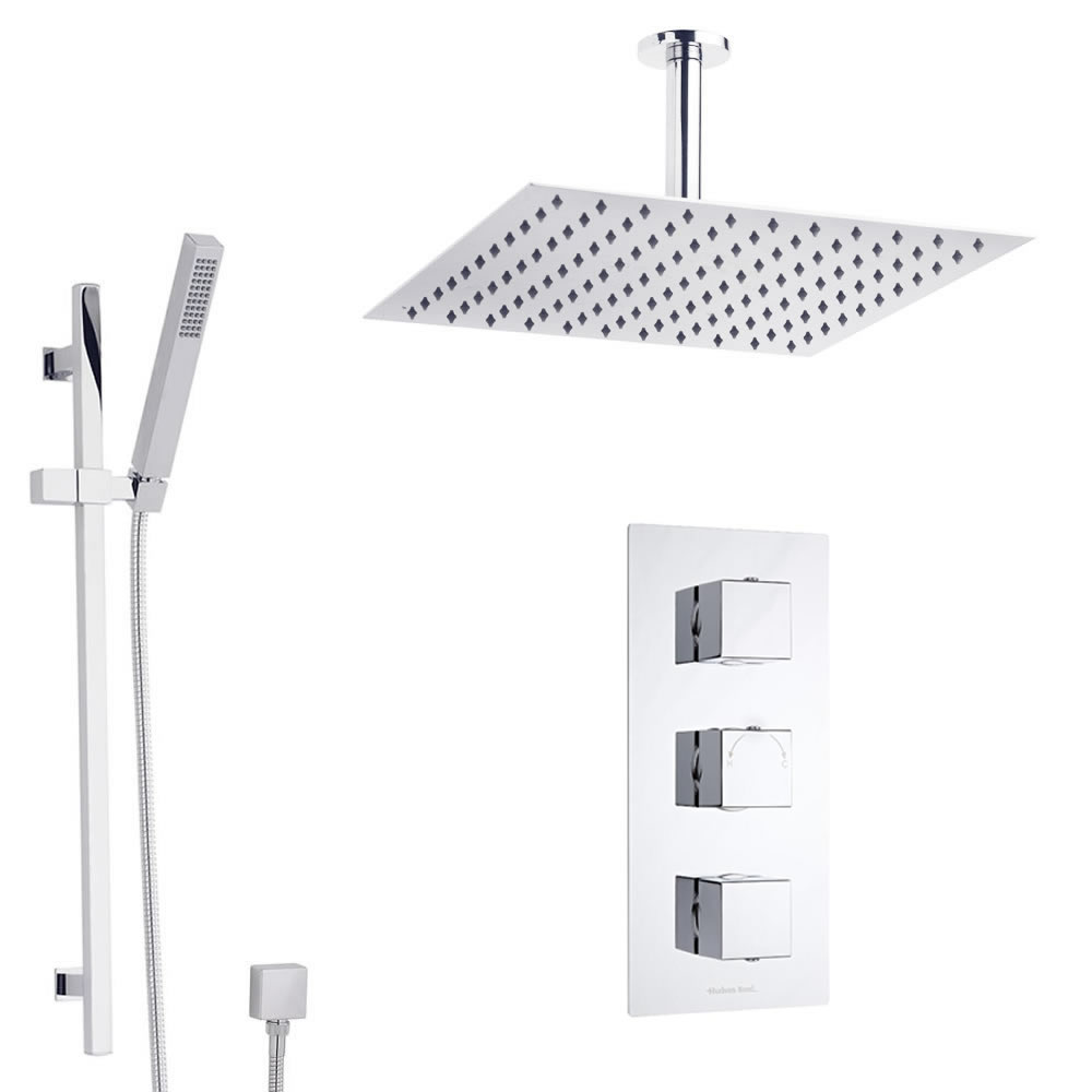 Duschsystem Kubix inkl Kopfbrause Deckenmontage, Handbrause mit Stange & Thermostat Duscharmatur