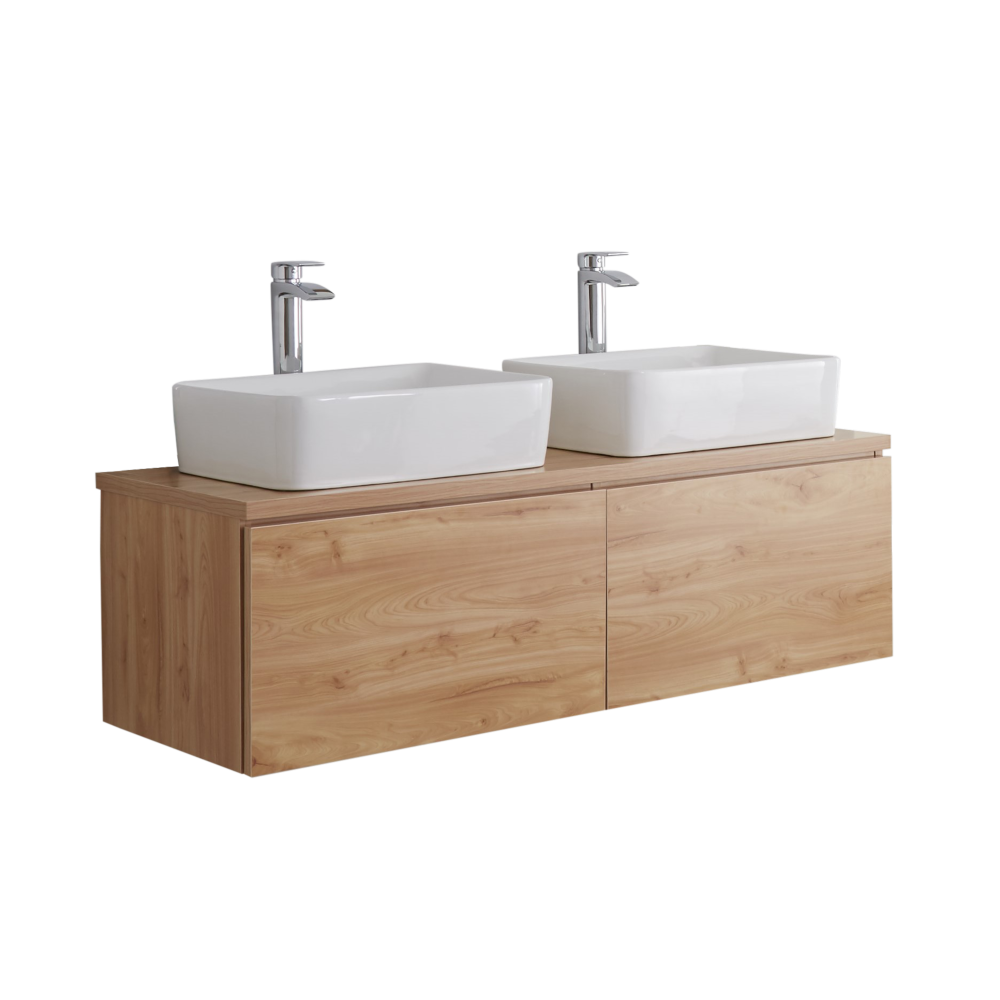 Hudson Reed Newington - 1200mm Moderner Badschrank mit rechteckigem Aufsatzdoppelbecken - Goldene Eiche