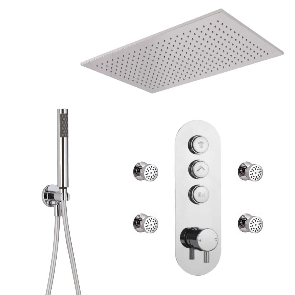 Duscharmatur mit Drucktasten 3 Funktionen, inkl. Handbrause, Unterputzduschkopf und Körperdüsen - Idro