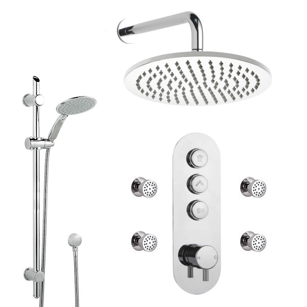 Duscharmatur mit Drucktasten 3 Funktionen, inkl. Duschstange, 300mm Duschkopf und Körperdüsen - Idro