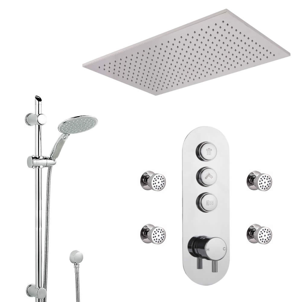 Duscharmatur mit Drucktasten 3 Funktionen, inkl. Duschstange, Unterputzduschkopf und Körperdüsen - Idro