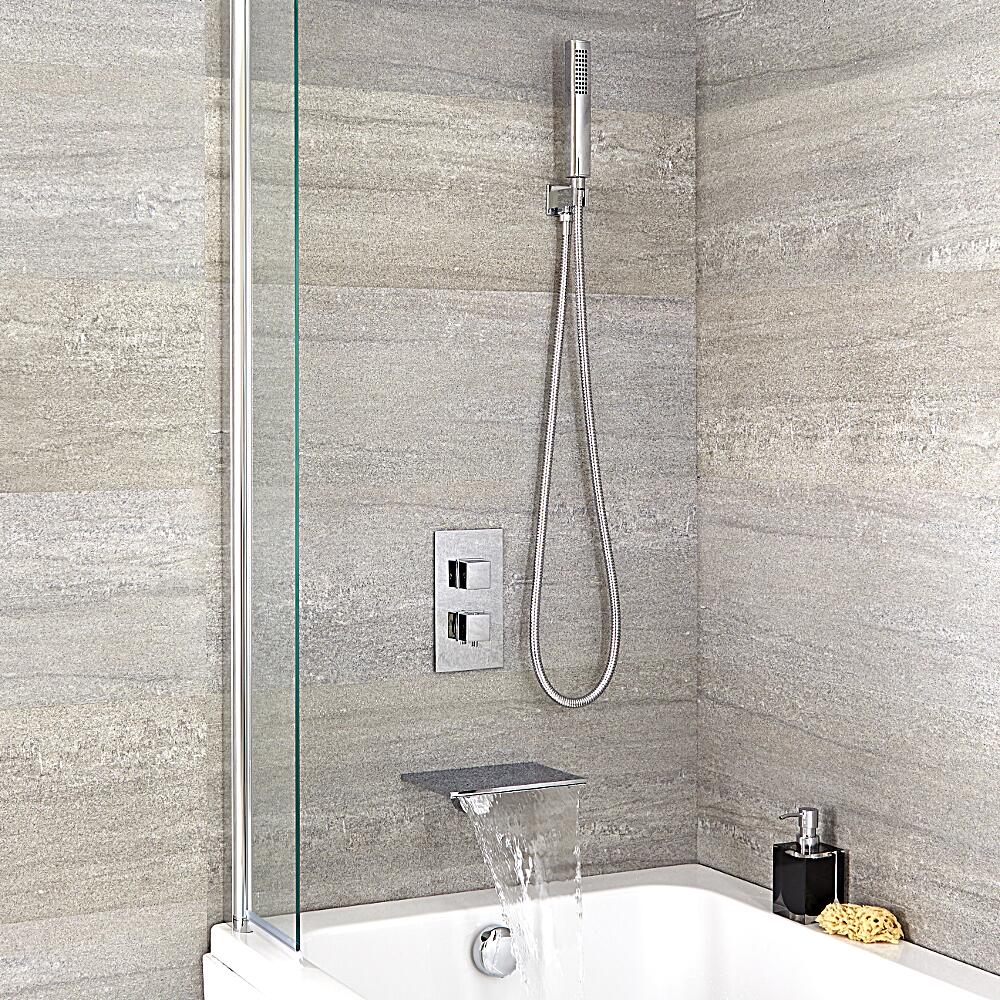 Badewannenarmatur mit Wasserfallauslauf und eckiger Handbrause - Arvo