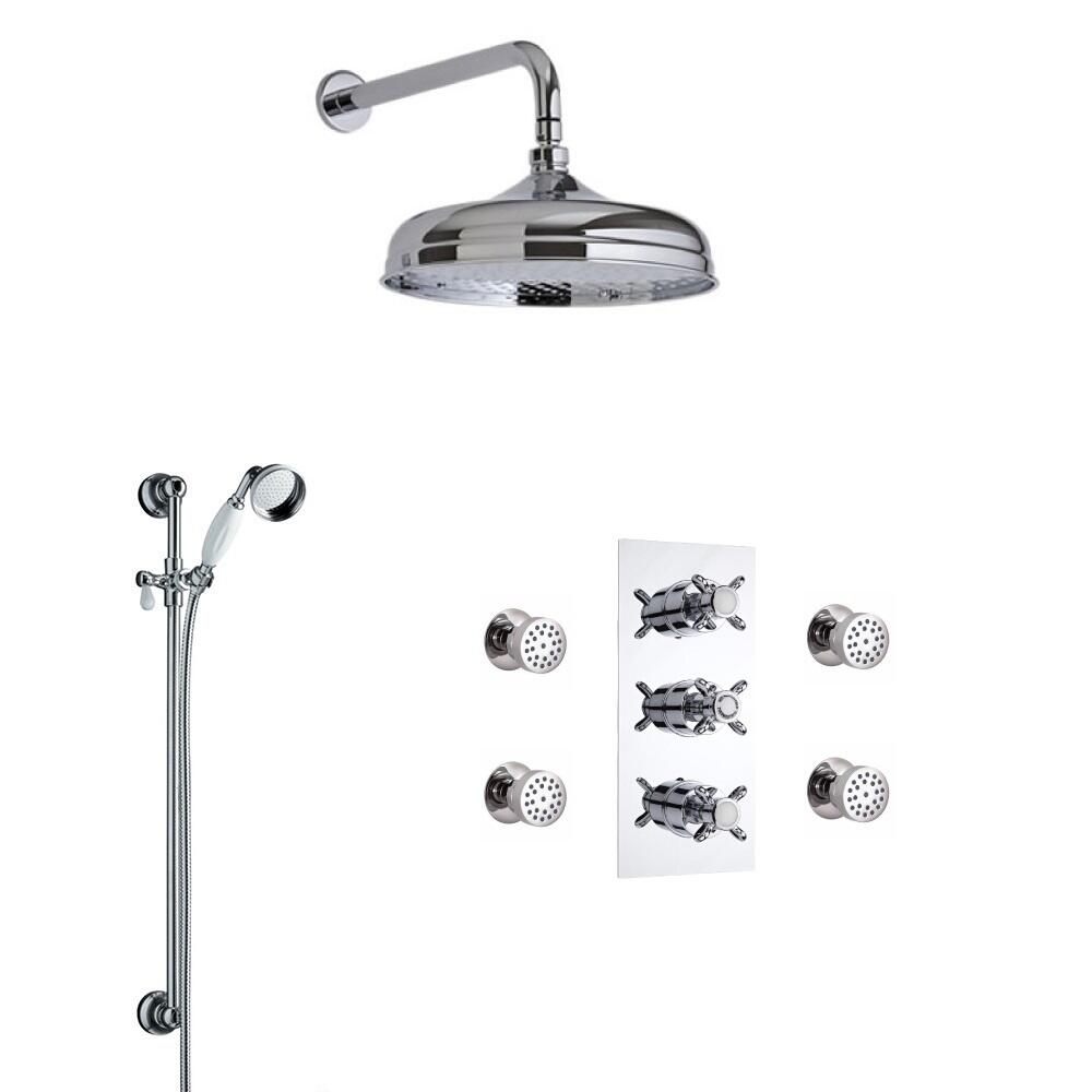 Triple Unterputzarmatur Nostalgie mit Funktionswechsler inkl. Duschstange, 4 Seitenbrausen & 205 mm Duschkopf - Vico