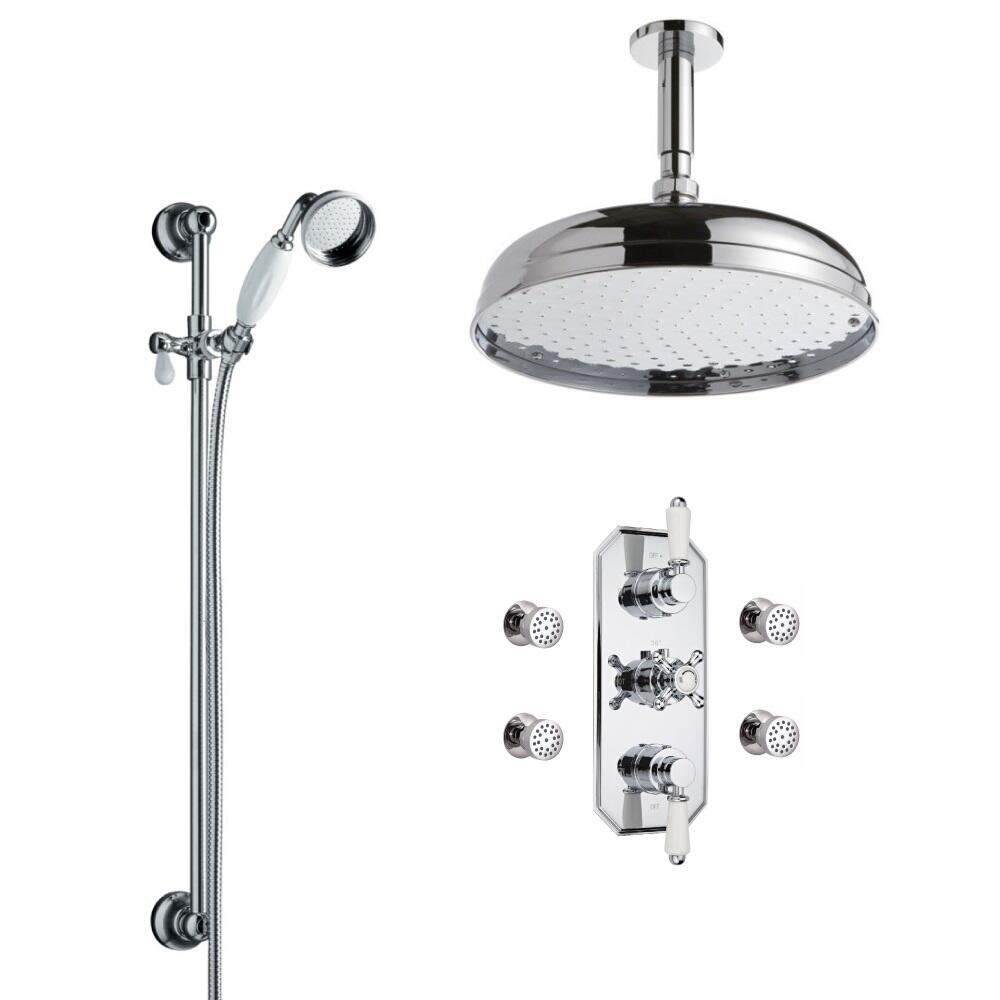 Triple Unterputzarmatur Nostalgie mit Funktionswechsler inkl. 300mm Duschkopf, Duschstange & 4 Seitenbrausen - Victoria