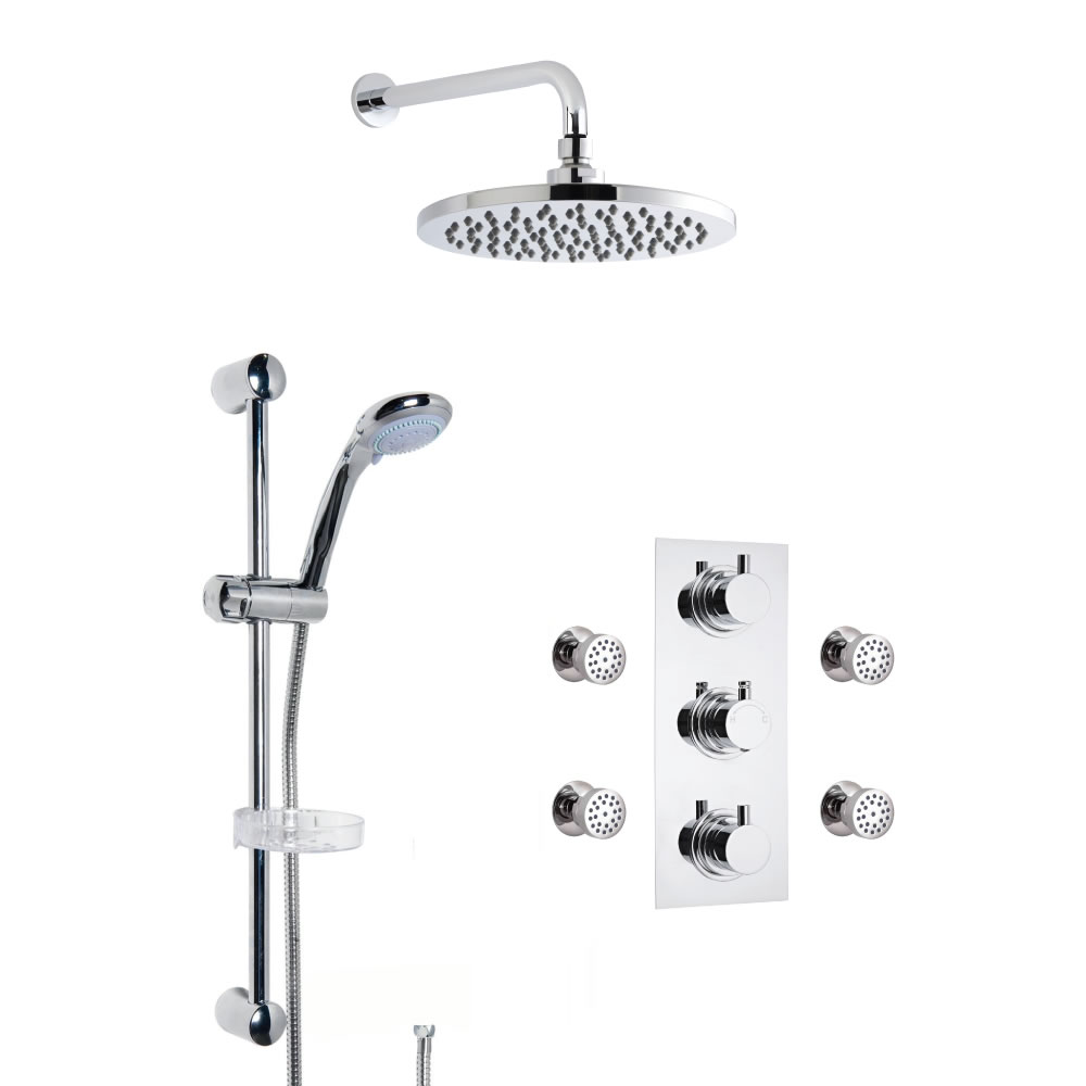 Moderne Triple Armatur mit Funktionswechsler inkl. Duschstange, Düsen & Duschkopf Wandmontage