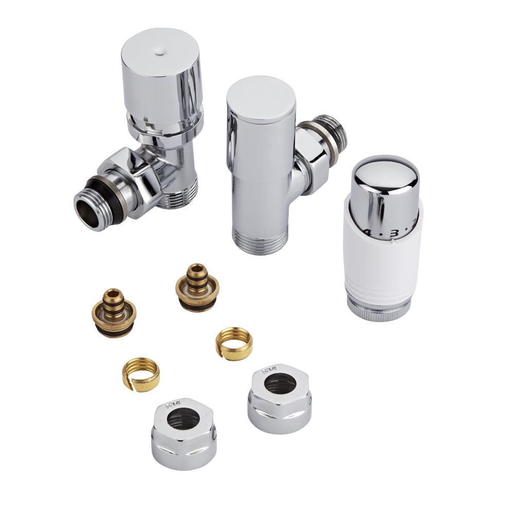 ¾" Heizkörperwinkelventil Manuell & Thermostatisch Weiß inkl. Multiadapter für 14mm Mehrschichtverbundrohre im Set