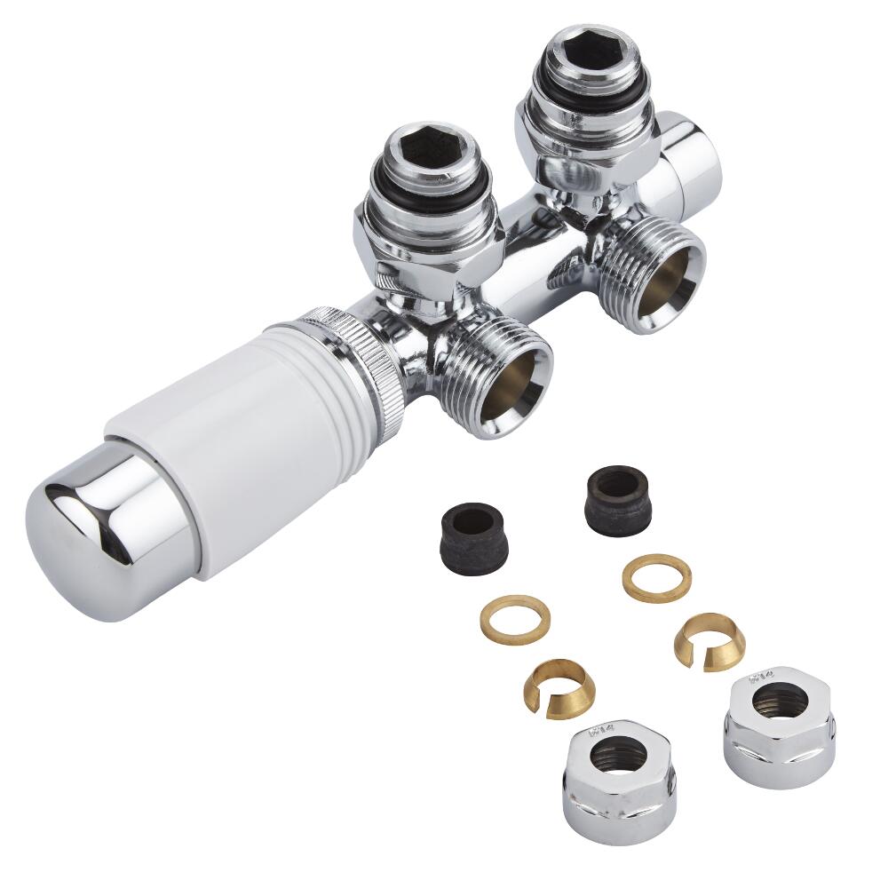 Hahnblock Heizkörperwinkelventil Manuell & thermostatisch Weiß inkl. Multiadapter für 14mm Kupferrohre im Set