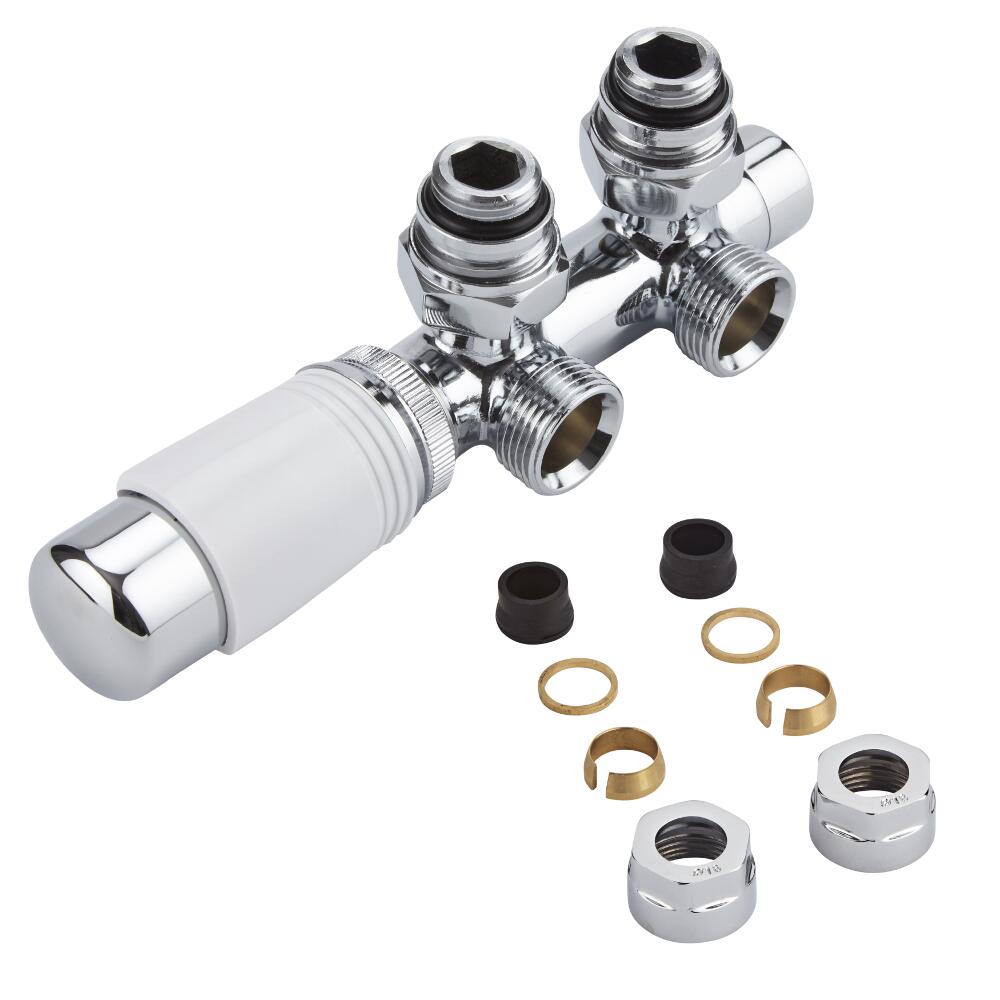 Hahnblock Heizkörperwinkelventil Manuell & thermostatisch Weiß inkl. Multiadapter für 16mm Kupferrohre im Set