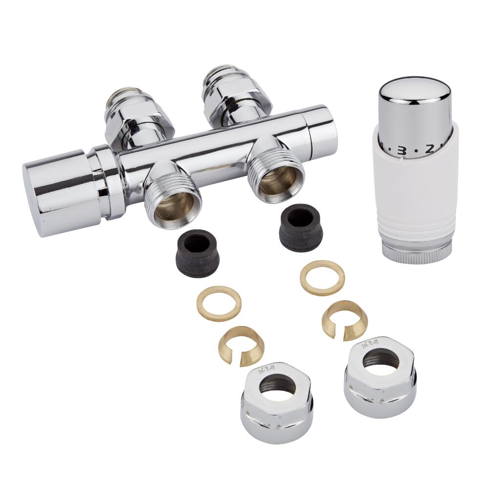 Hahnblock Heizkörperventil Gerade Manuell & Thermostatisch Chrom/Weß inkl. Multiadapter für 14mm Kupferrohre im Set
