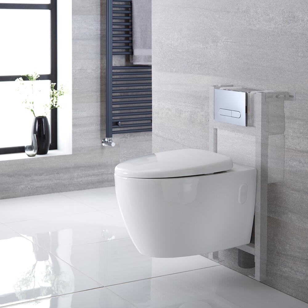 Hänge WC Oval inkl. Unterbauspülkasten 820mm x 400mm und wählbarer Betätigungsplatte - Kenton