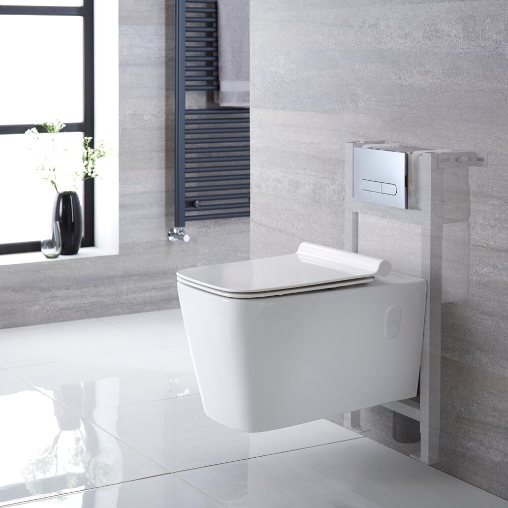 Hänge WC Quadratisch inkl. Unterbauspülkasten 820mm x 400mm und wählbarer Betätigungsplatte - Sandford