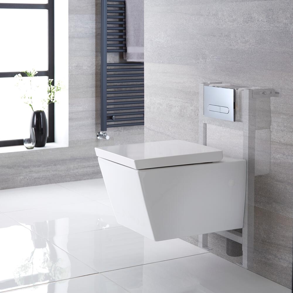 Hänge WC Quadratisch inkl. Unterbauspülkasten 820mm x 400mm und wählbarer Betätigungsplatte - Halwell