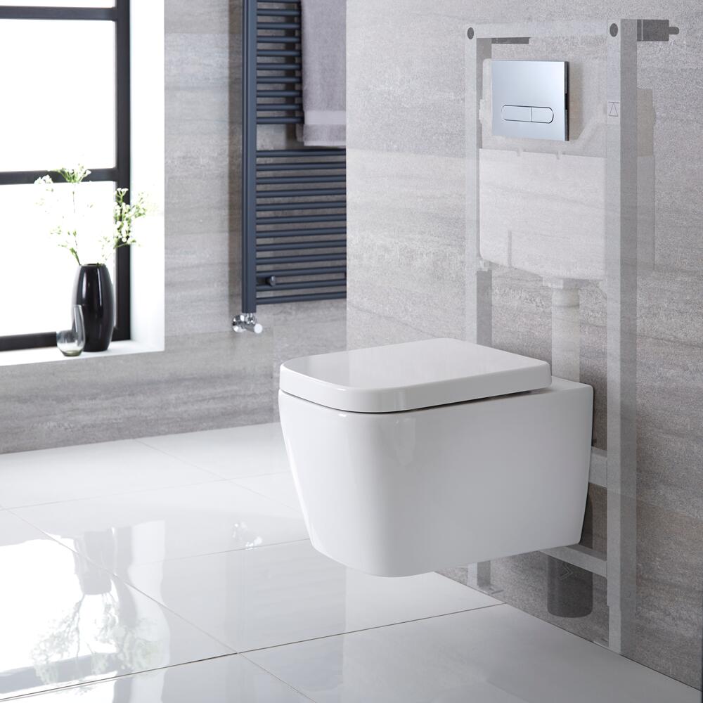 Hänge WC Quadratisch mit Unterputzspülkasten & wählbarer Betätigungsplatte - Milton
