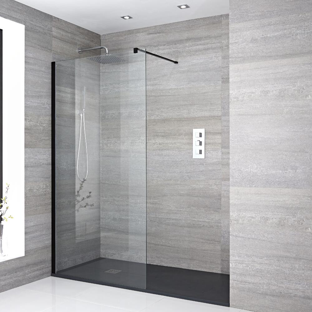 Walk-In Duschwand 1700mm x 900mm inkl. schwarzes Profil & Anthrazit Duschtasse - Nox