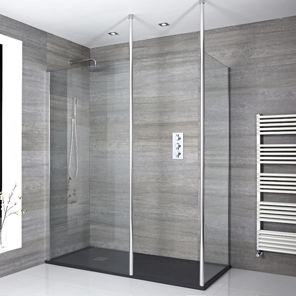 2 Walk-In Duschwände inkl. 2x Duschwandhaltestangen & 1700mm x 800mm Anthrazit Duschtasse - Sera