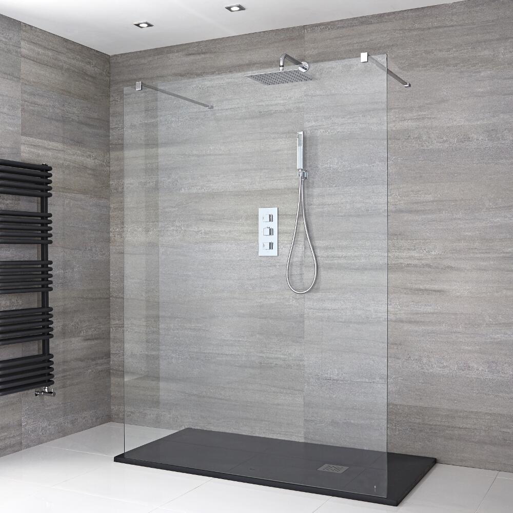 Walk-In Duschwand 1200mm mit 2 Haltearmen inkl. 1200mm x 900mm Anthrazit Duschtasse - Portland