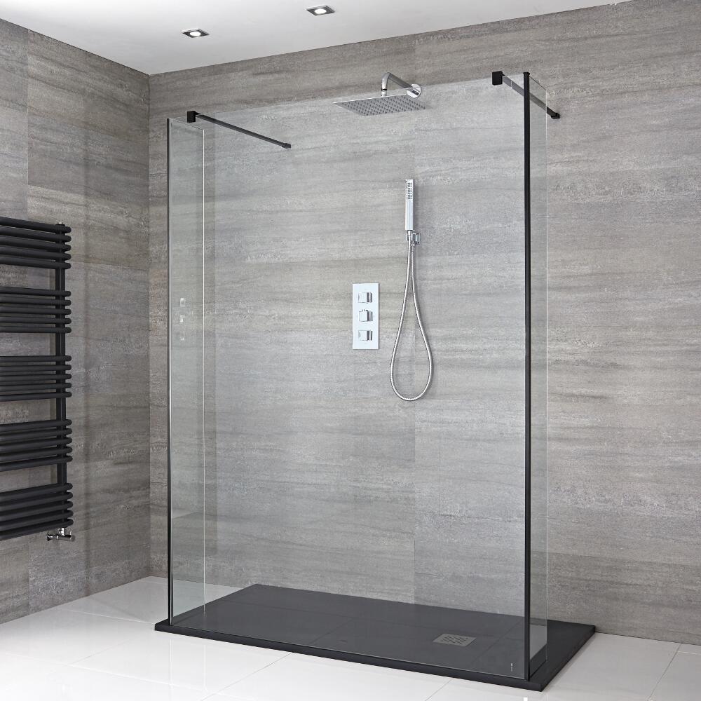 Walk-In Duschwand inkl. 1400mm x 800mm Anthrazit Duschtasse, 2 Seitenteile & schwarzes Profil - Nox
