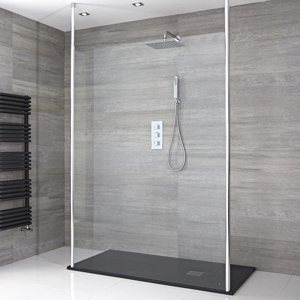 Walk-In Duschwand 1400mm inkl. 1400mm x 900mm Anthrazit Duschtasse & 2 Duschwandhaltestangen - Sera