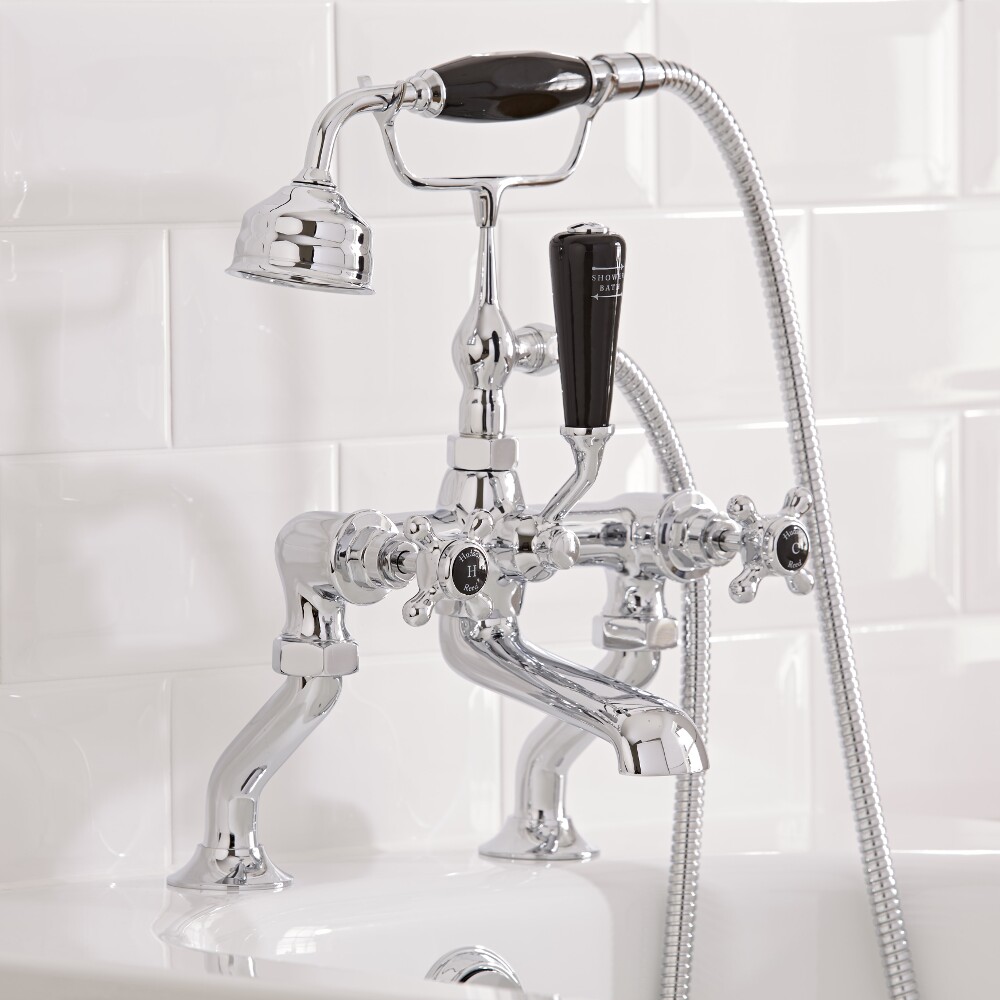 Badewannenarmatur Nostalgie mit Handbrause, Kreuzgriffen und schwarzen Elementen - Topaz