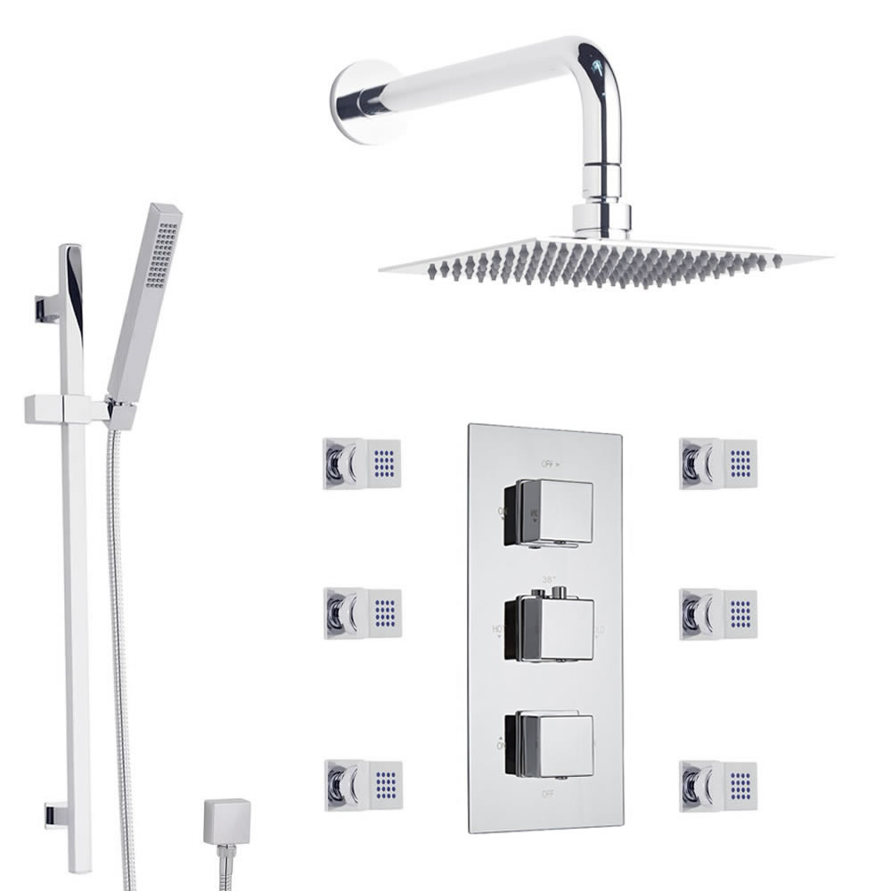 Duschsystem Kubix inkl Kopfbrause & runde Halterung, Handbrause mit Stange, Seitenbrausen & Thermostat Duscharmatur