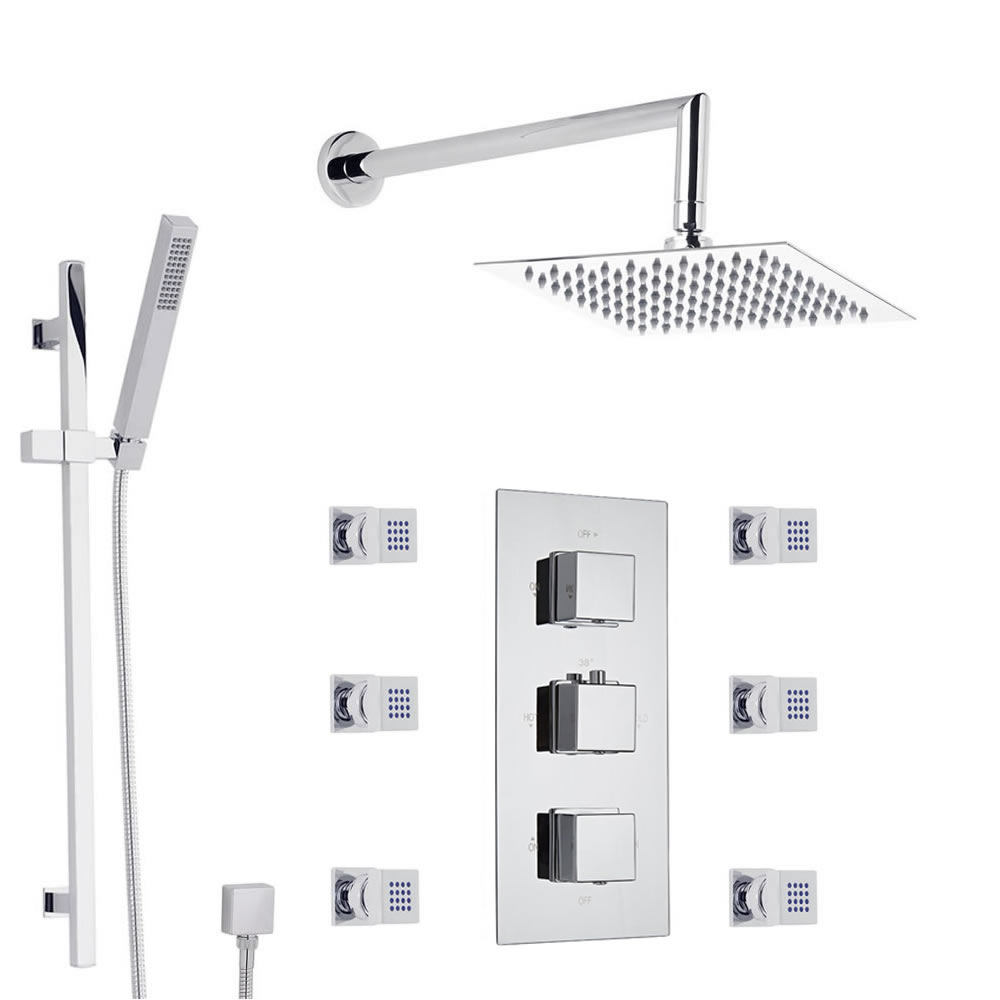 Duschsystem Kubix inkl 200mm Kopfbrause, Handbrause, Seitenbrausen & Thermostat Duscharmatur