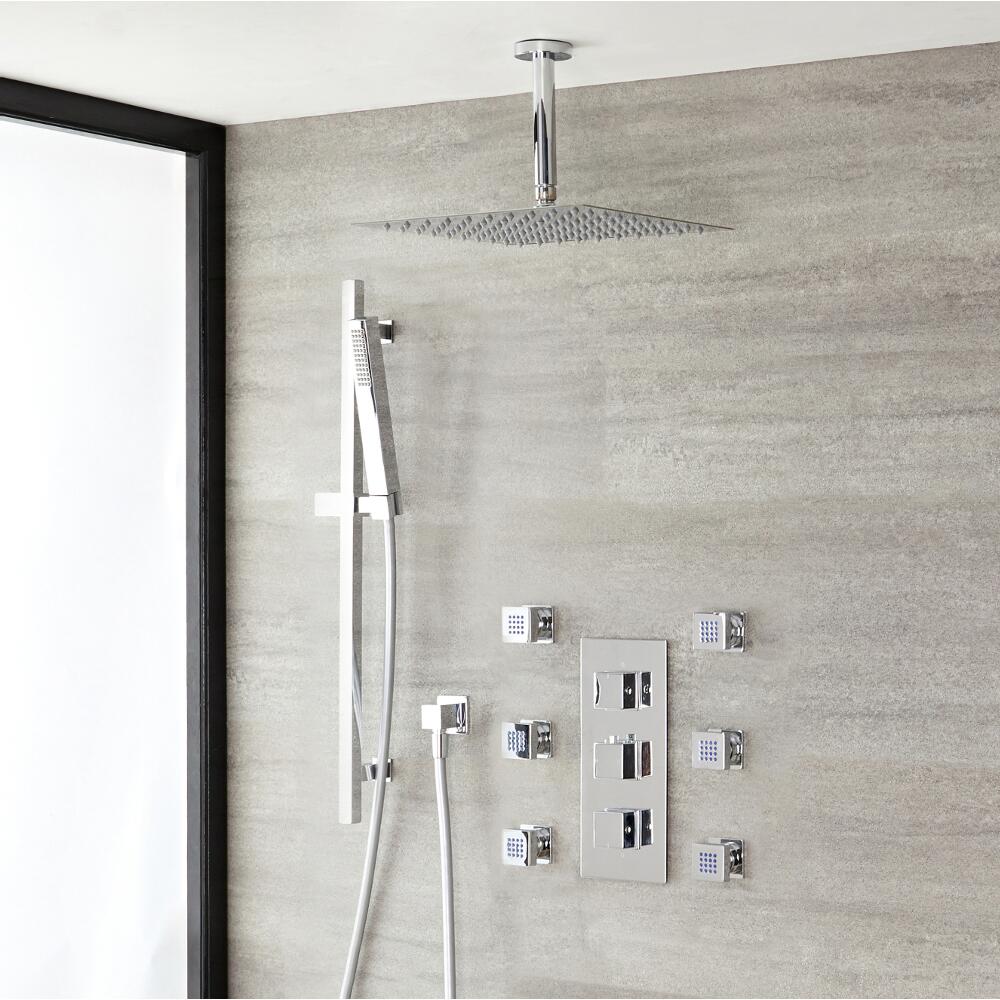 Duschsystem Kubix inkl Kopfbrause, Handbrause mit Stange, Seitenbrausen & Thermostat Duscharmatur