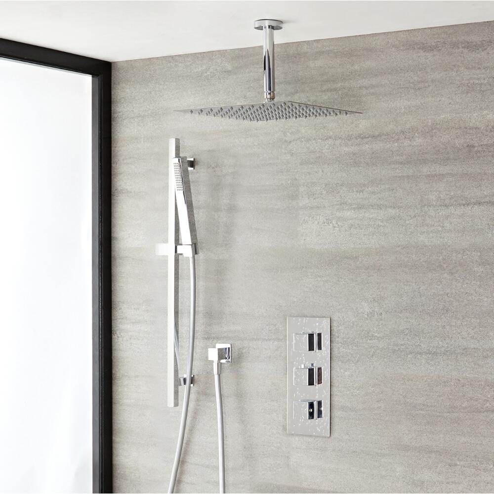 Duschsystem Kubix inkl Kopfbrause Deckenmontage, Handbrause mit Stange & Thermostat Duscharmatur