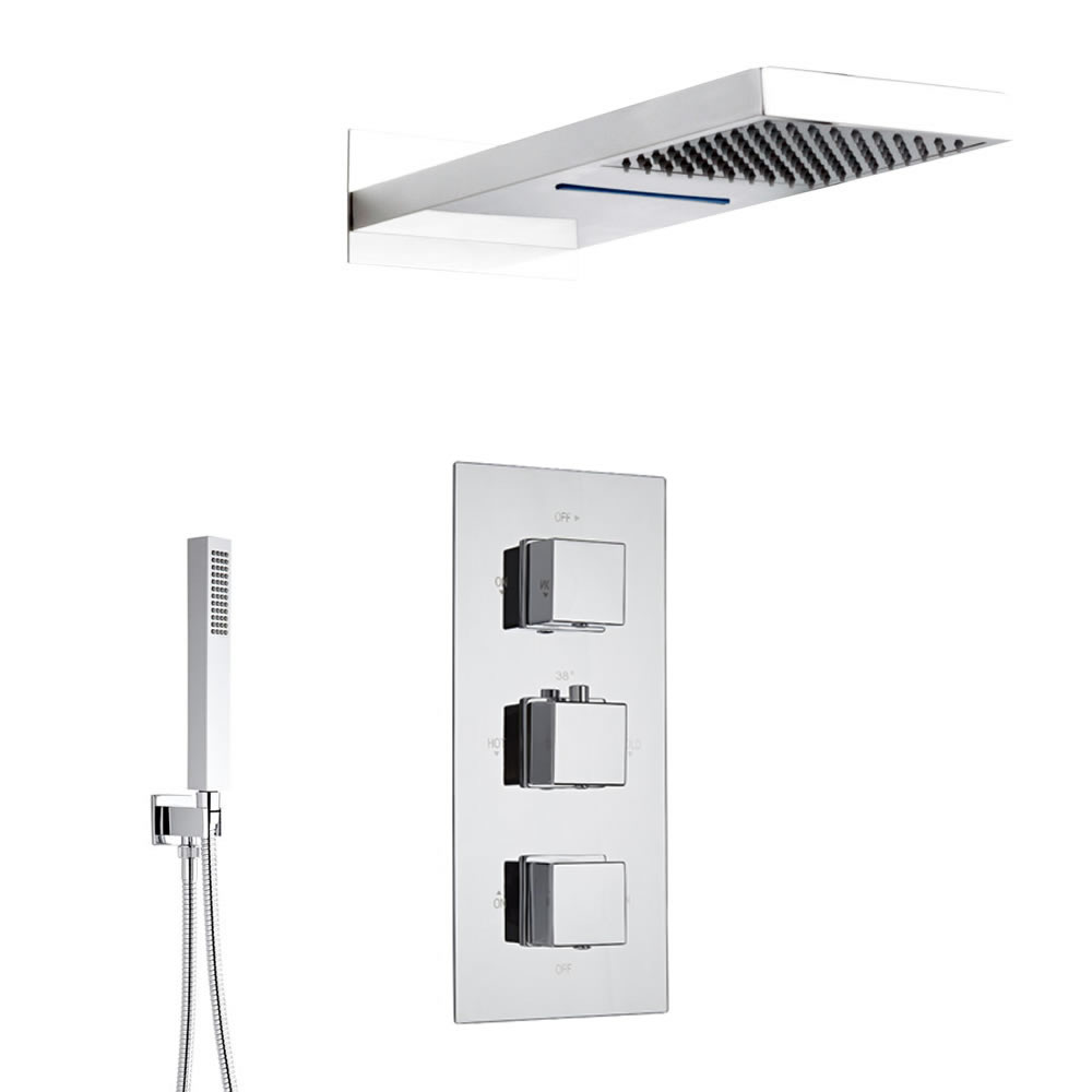 Duschsystem Kubix inkl Kopfbrause mit Wasserfall, Handbrause & Thermostat Duscharmatur