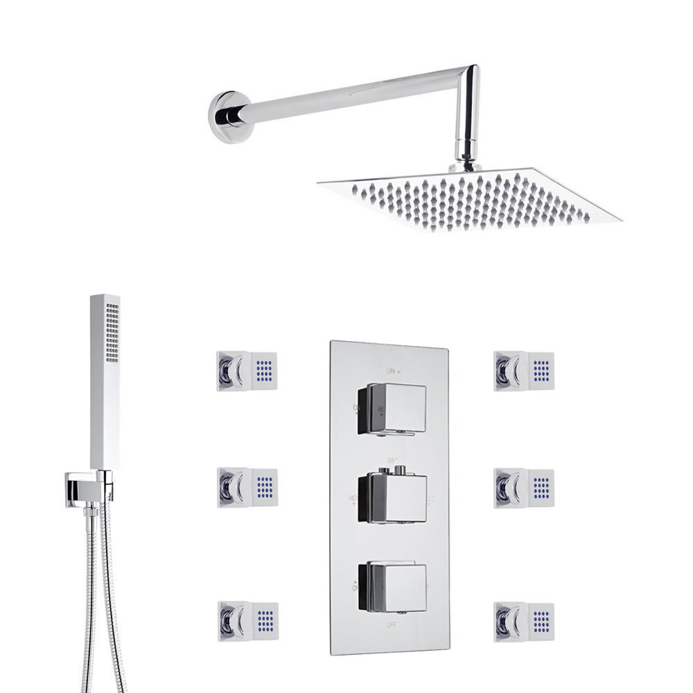 Duschsystem Kubix inkl Kopfbrause, Handbrause, Seitenbrausen & Thermostat Duscharmatur