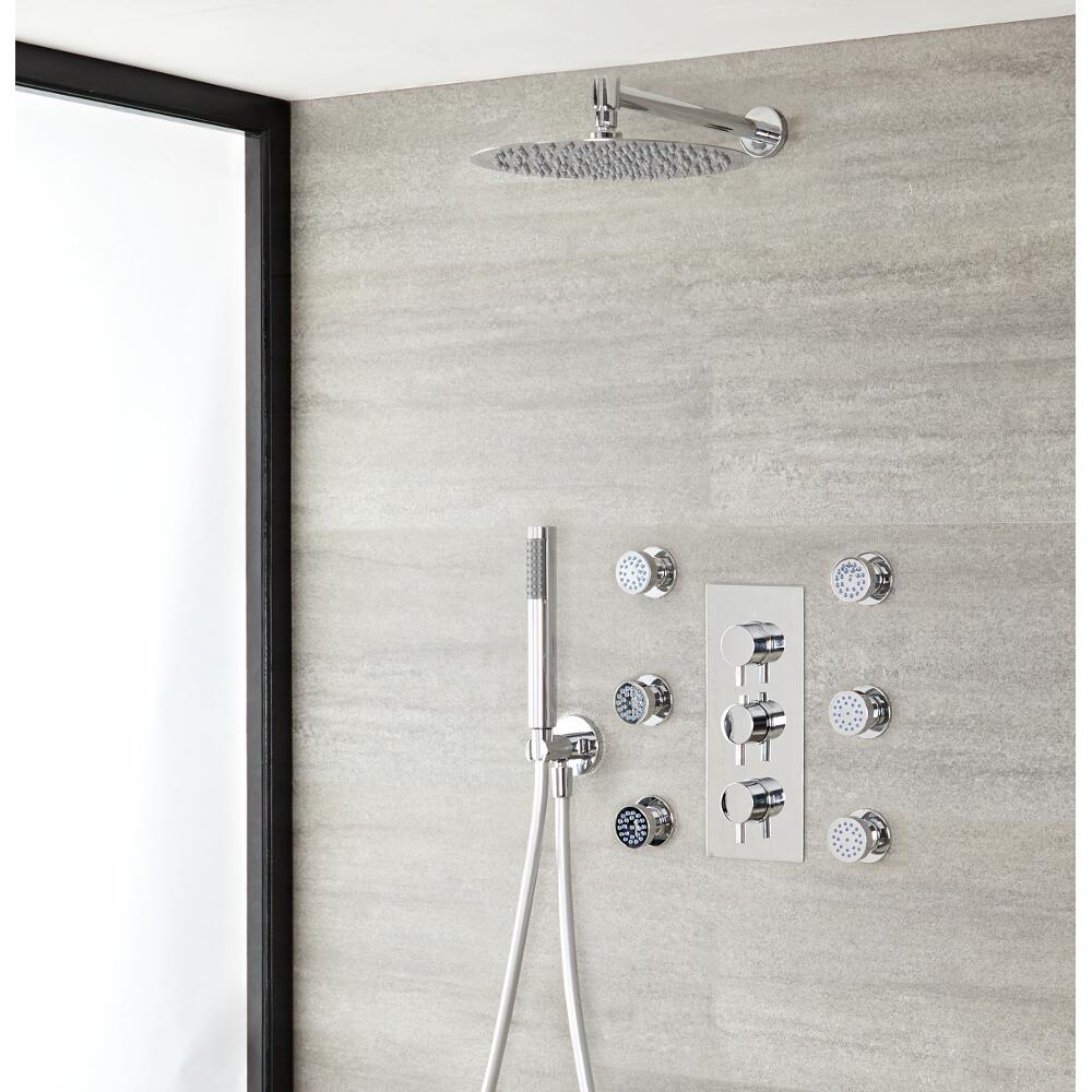 Duschsystem inkl Kopfbrause, Handbrause, Seitenbrausen & Thermostat Duscharmatur - Ecco