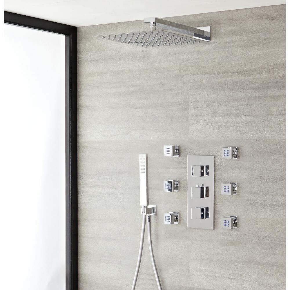Duschsystem Kubix inkl Kopfbrause, Handbrause, Seitenbrausen & Thermostat Duscharmatur