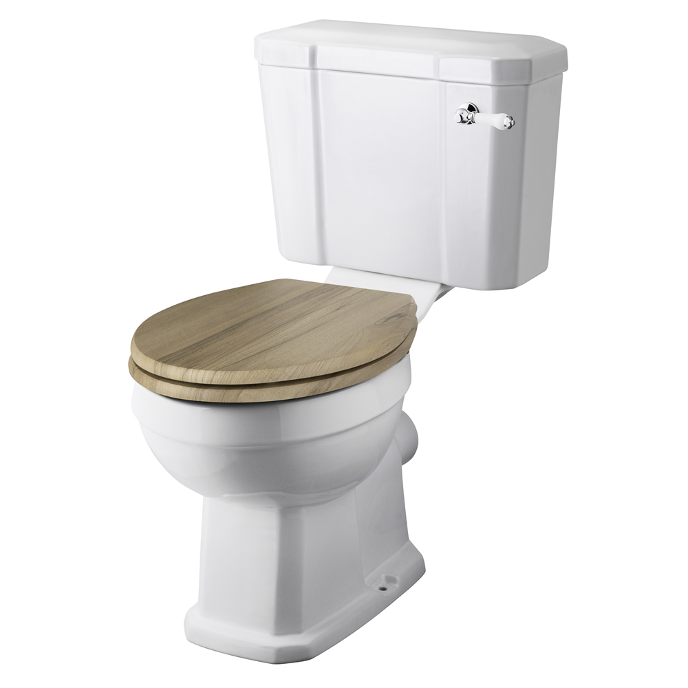 Traditionelle Toilette mit Spülkasten und Holzsitz