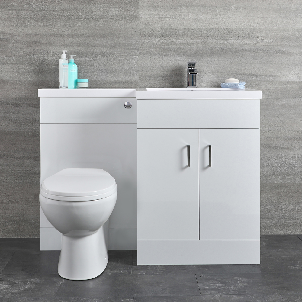 Geo Waschtisch mit Unterschrank Kombi-Set mit Stand WC Weiß, Rechts