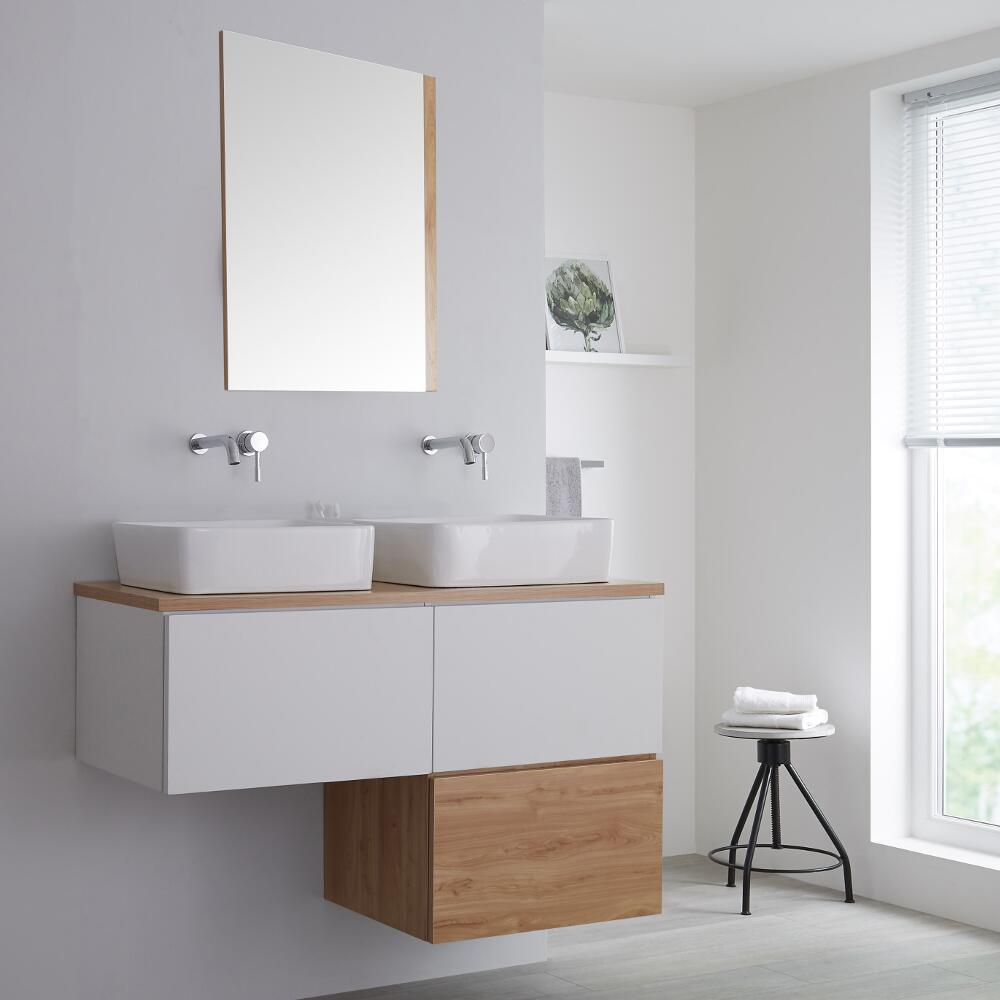 Newington - 1200mm Weißer & Eichenholz L-Unterschrank mit Aufsatzwaschbecken