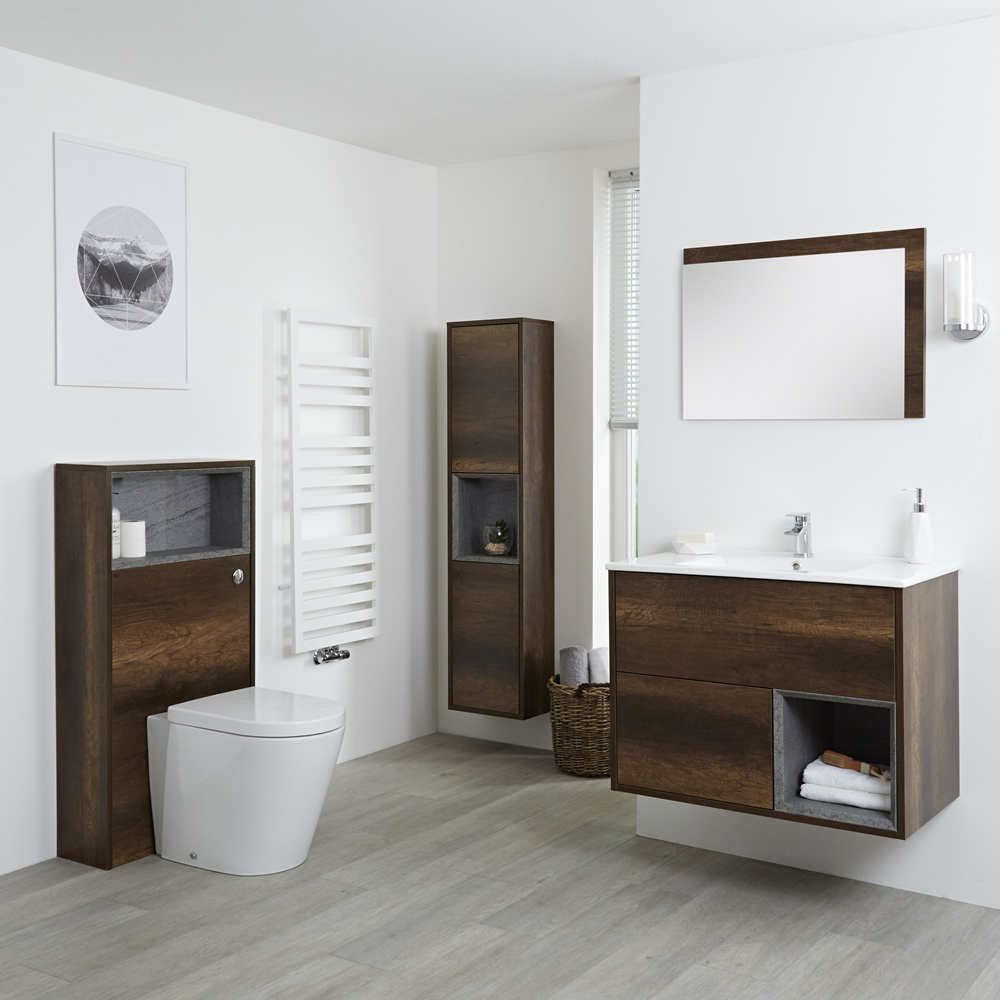 Hoxton - 800mm Waschtischunterschrank, WC mit Spülkastenverkleidung, Schrank & Spiegel - Dunkle Eiche