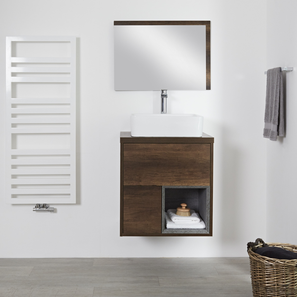 Hudson Reed Hoxton - 600 mm moderner Waschtischunterschrank mit Aufsatzwaschbecken - dunkle Eiche