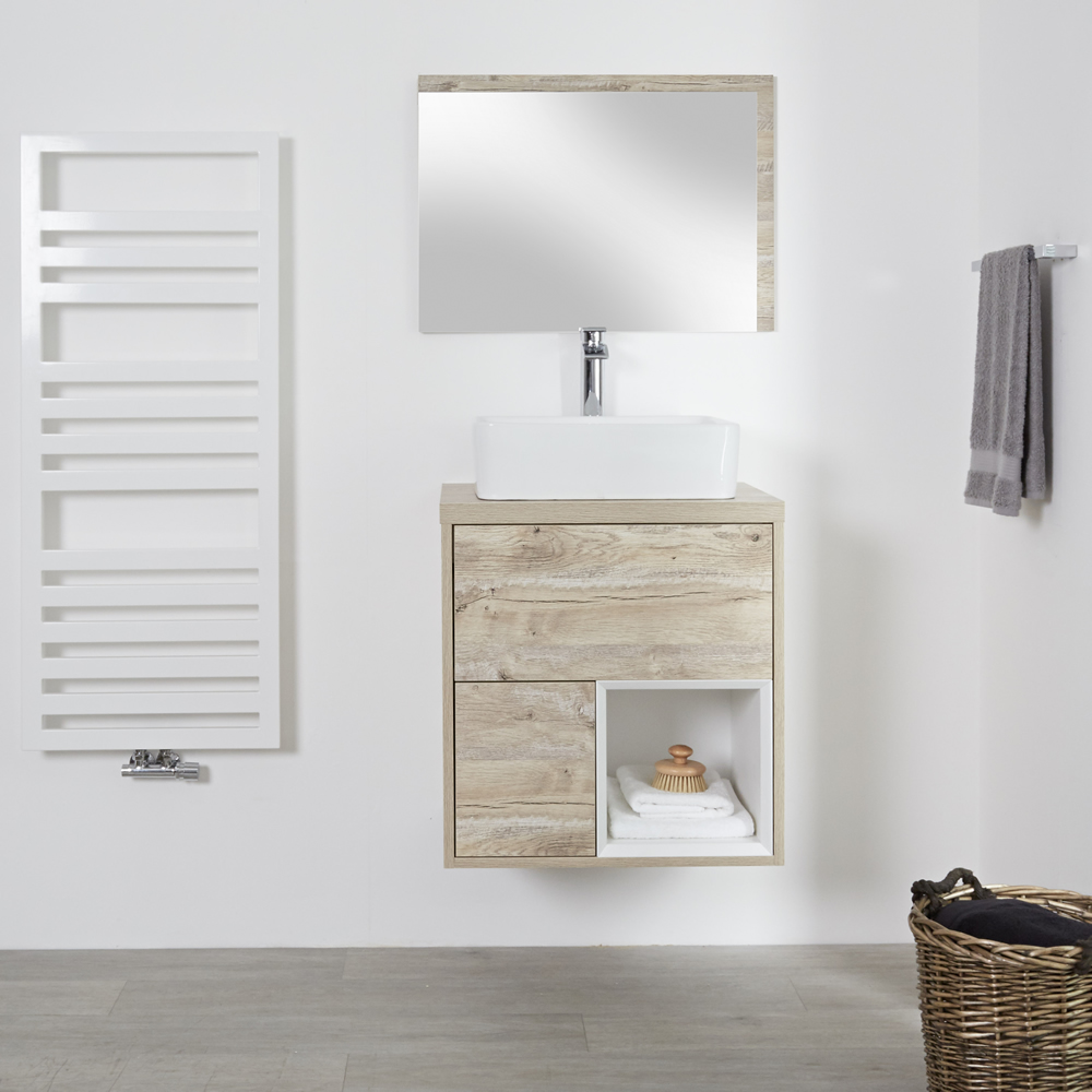 Hoxton - 600mm moderner Waschtischunterschrank mit Aufsatzwaschbecken - Helle Eiche