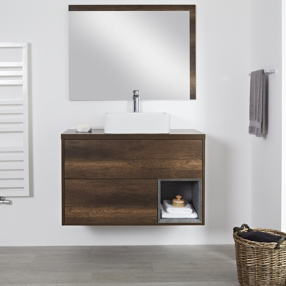 Hudson Reed Hoxton - 1000 mm moderner Waschtischunterschrank mit Aufsatzwaschbecken - Dunkle Eiche