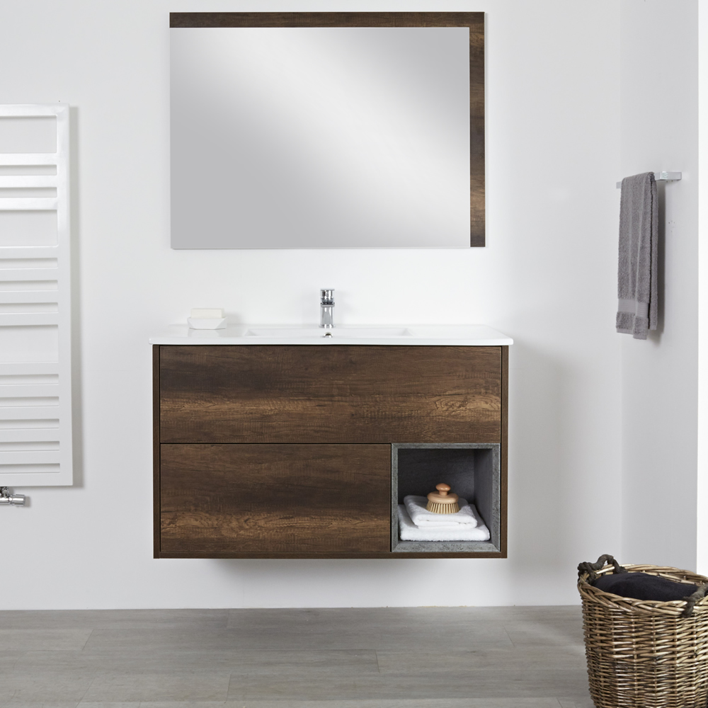 Hudson Reed Hoxton - 1000mm Waschtischunterschrank mit versenktem Becken - Dunkle Eiche