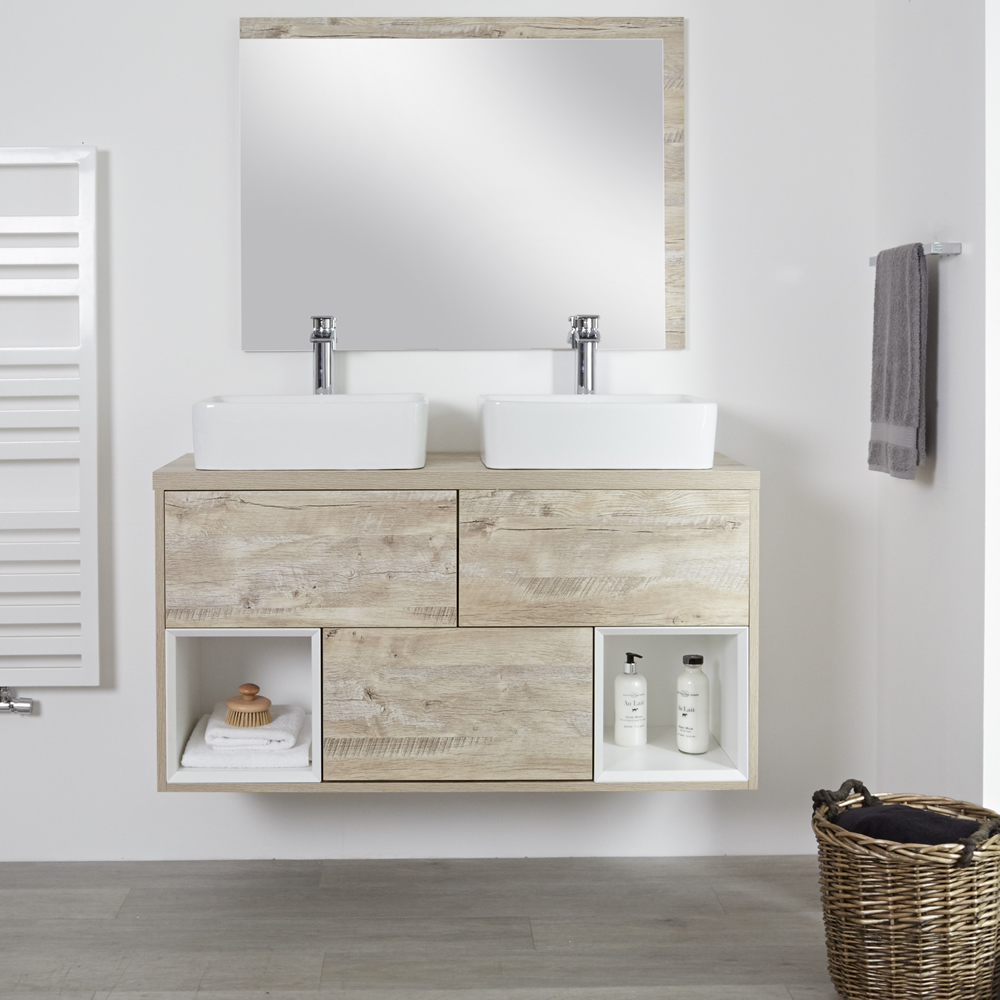 Hudson Reed Hoxton - 1200 mm moderner Waschtischunterschrank mit zwei Aufsatzwaschbecken - Helle Eiche