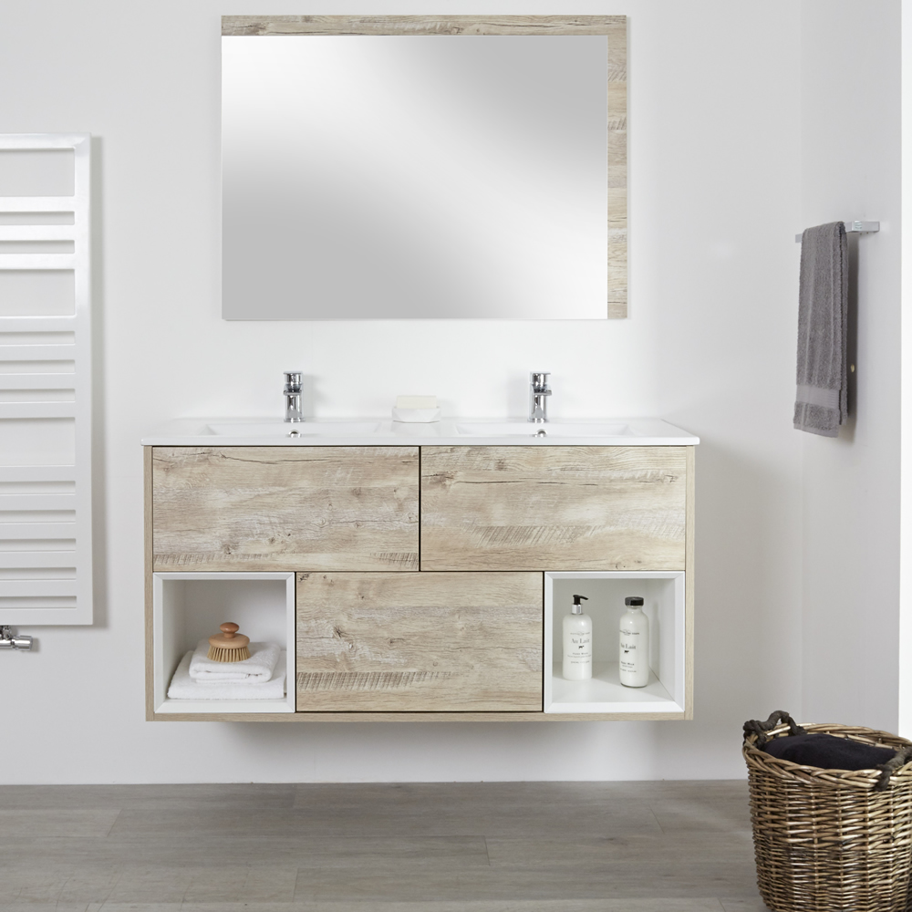 Hudson Reed Hoxton - 1200mm Waschtischunterschrank mit Doppelwaschbecken - Helle Eiche