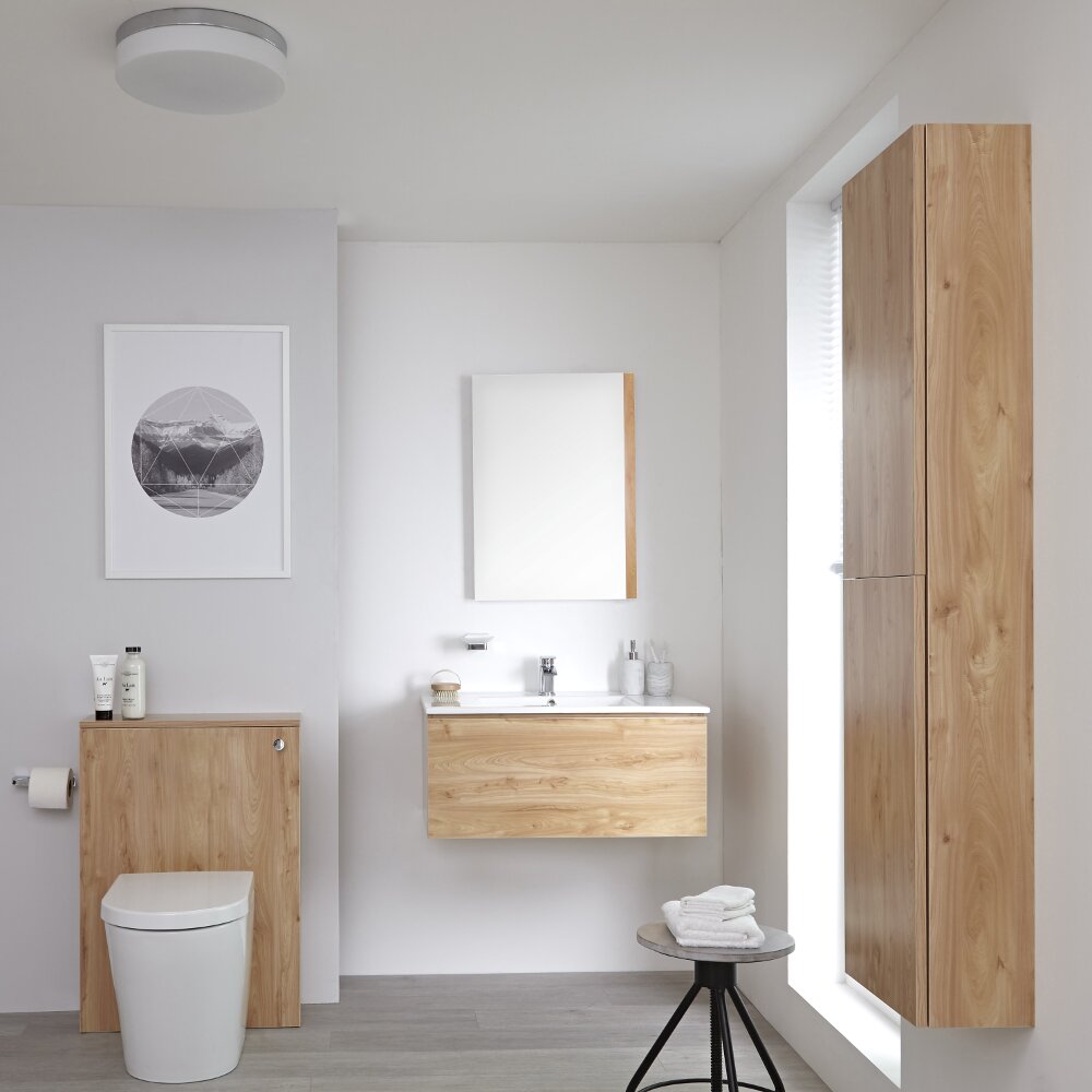 Newington - Waschtisch mit Unterschrank 800mm, WC mit Vorwandelement, Badschrank & Spiegel - Goldeiche